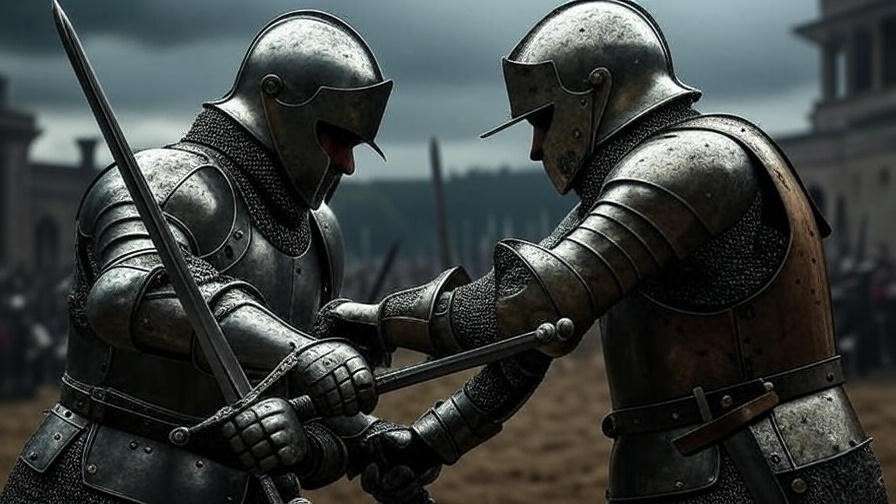 Dramatic battlefield scene with armored figures clashing swords symbolizing ambition in Julius Caesar