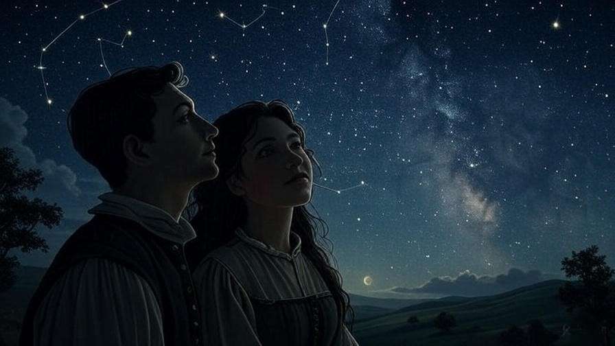 Star-crossed lovers under astrological night sky in Shakespearean theme