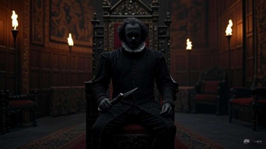 Shadowy figure with dagger in an Elizabethan throne room symbolizing Macbeth's ambition