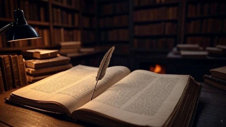  "A 16:9 aspect ratio image of a scholarly setting with an open Shakespearean manuscript and quill, surrounded by old books, warm library ambiance, soft golden lighting, no text, detailed textures, academic atmosphere."