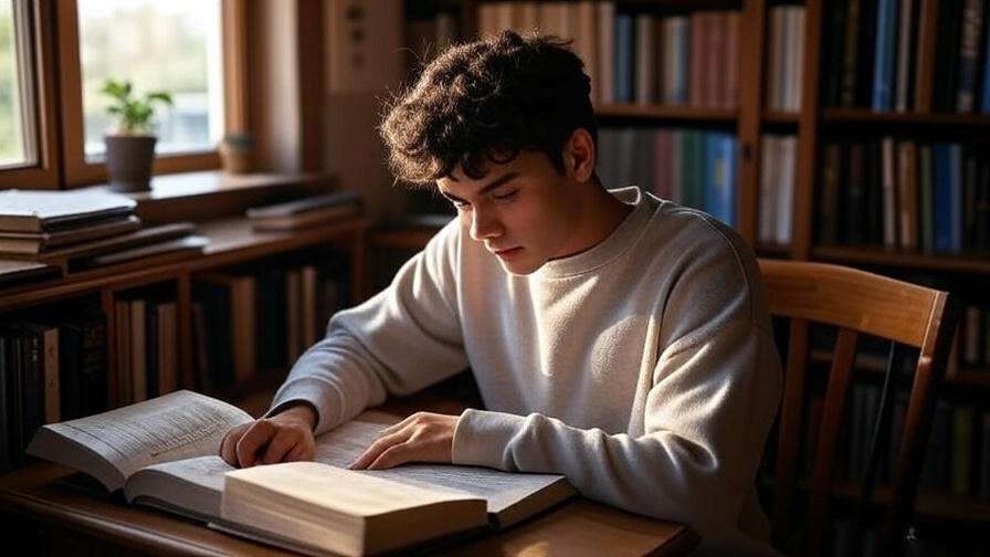 Student reading Shakespeare play with annotations in a cozy study setting