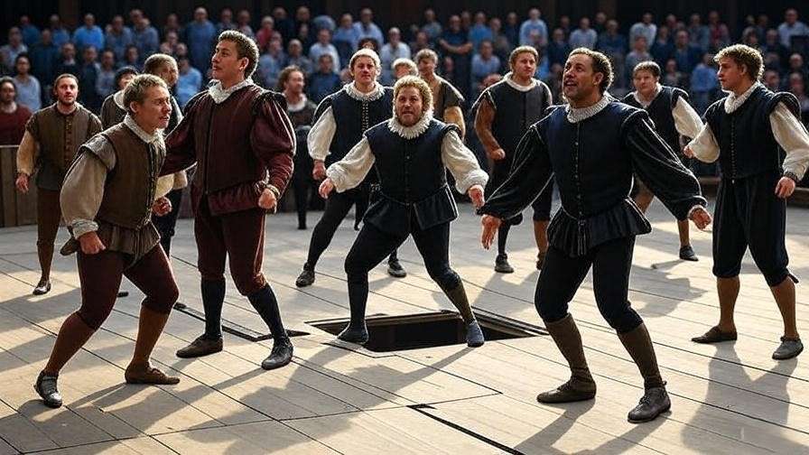Elizabethan stage at Globe Theatre with actors in period costumes and minimalist set