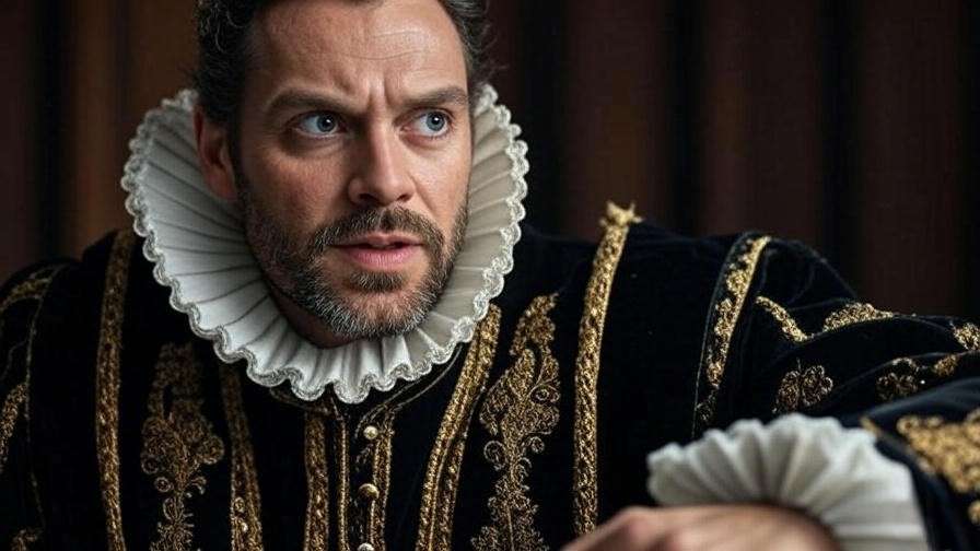 Actor delivering Shakespearean soliloquy with intense gaze and minimalist backdrop