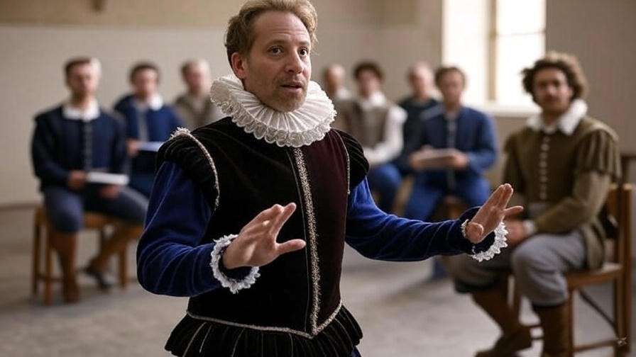 Actors rehearsing Shakespearean fourth wall technique in studio setting