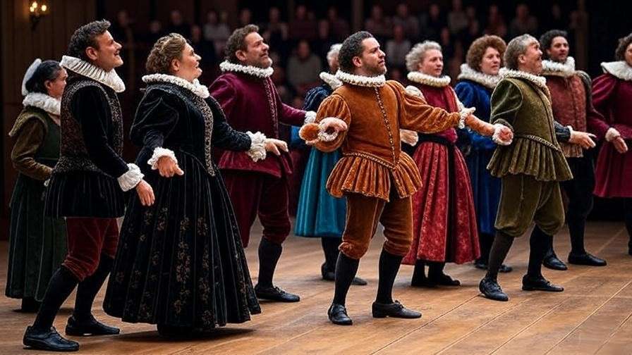 Actors in Elizabethan costumes performing a pavane dance on a historic stage at the Globe Theatre