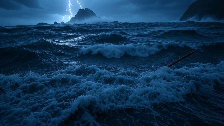 Dramatic ocean storm with crashing waves and a misty island under a lightning-streaked sky, symbolizing chaos in Shakespeare’s The Tempest.