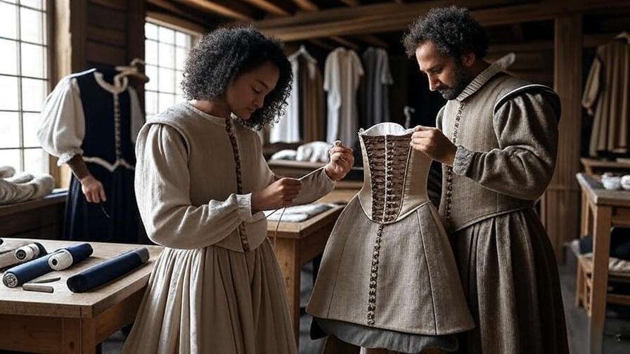 Elizabethan costume workshop with tailors crafting ruffs and doublets, reflecting historical Shakespearean attire craftsmanship