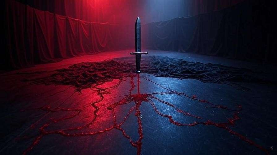 Eerie stage with a glowing dagger and red-tinted shadows, symbolizing guilt and ambition in Shakespeare’s Macbeth