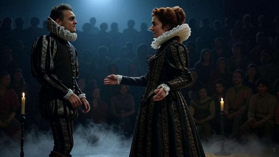 Actors in authentic Elizabethan costumes performing Romeo and Juliet on stage, enhancing historical immersion