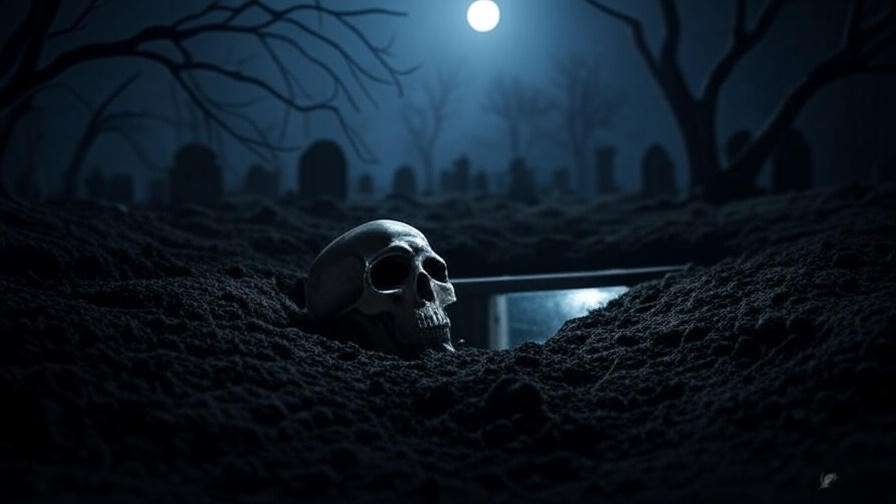 Moonlit graveyard with a skull and glowing trapdoor, symbolizing mortality in Shakespeare’s Hamlet