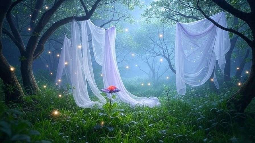 Ethereal forest with glowing fireflies and a vibrant flower, symbolizing enchantment in Shakespeare’s A Midsummer Night’s Dream.