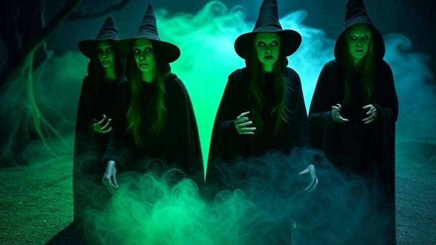 'Witches from Macbeth with glowing green cloaks in misty stage scene, enhancing dramatic Shakespearean tension
