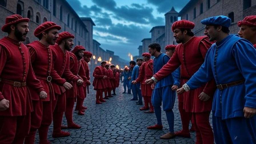 Verona streets at dusk with Montagues and Capulets in a tense standoff, Renaissance-era costumes, dramatic sky