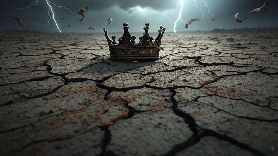 Barren stage with a tarnished crown under a stormy sky, symbolizing desolation in Shakespeare’s King Lear.