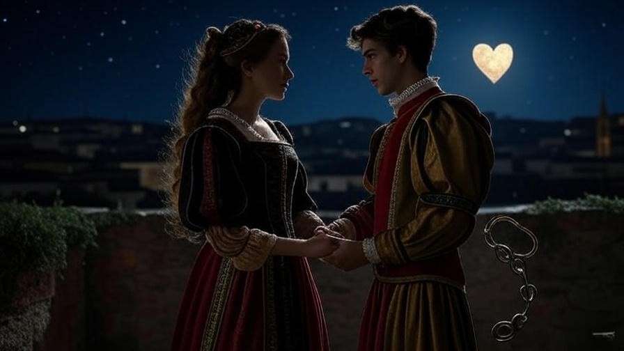 Renaissance couple under starry sky symbolizing love and conflict in Romeo and Juliet Act 1