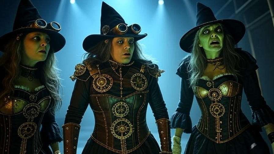 Actors in steampunk-inspired Elizabethan costumes for The Tempest, showcasing modern Shakespearean innovation