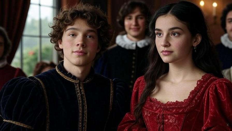 Romeo and Juliet in Renaissance attire with supportive characters, Act 1 character analysis