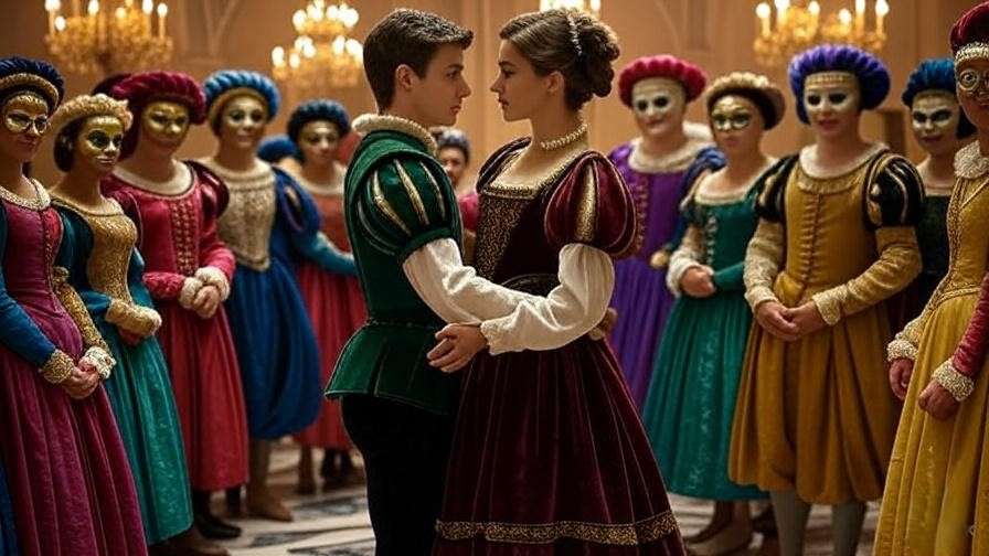 Masked ball scene with Romeo and Juliet dancing, Act 1 love at first sight moment