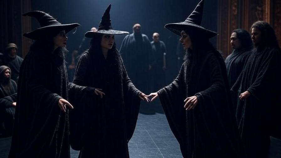 Witches in dark robes performing a choreographed circle dance in a Macbeth theater scene