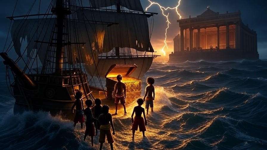 Dramatic pirate ship with Luffy's crew and treasure chest under stormy sky, blending Shakespearean theater,