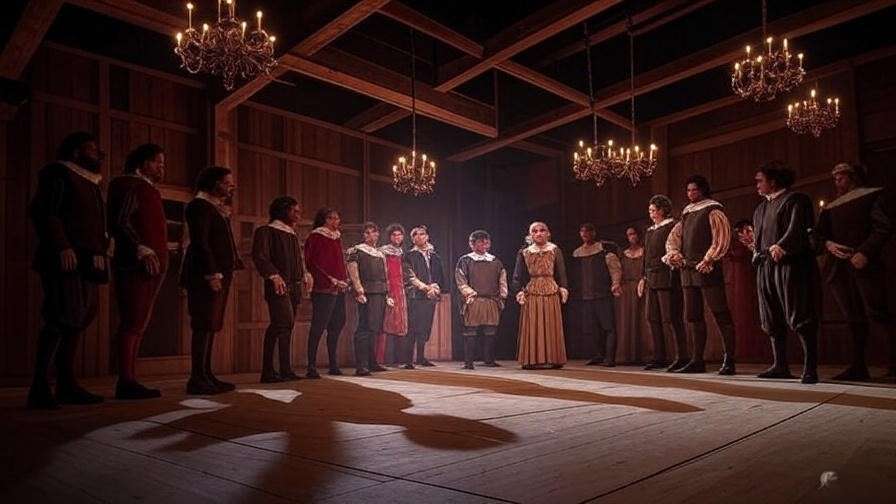 Candle-lit stage in historical Shakespearean theatre evoking mood and symbolism