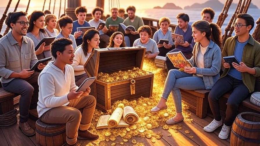Diverse readers on pirate ship deck with manga and treasure chest under sunrise