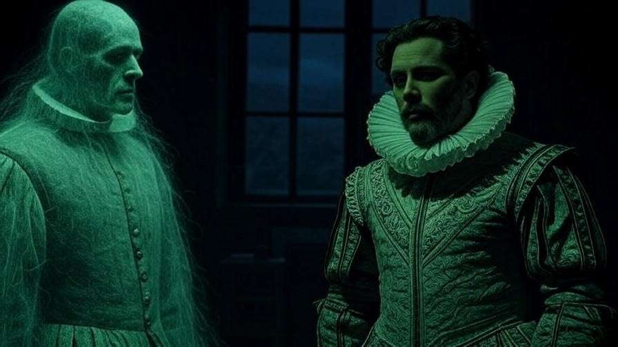 Shadowy lighting in Hamlet scene highlighting themes of doubt in Shakespearean theatre