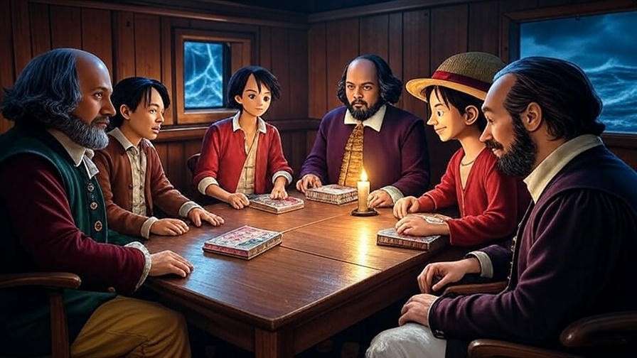 Cozy reading group in ship cabin with Luffy and Shakespearean figures