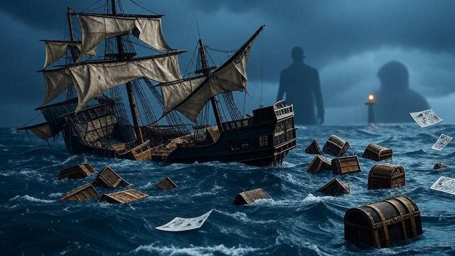 Sinking pirate ship with broken treasure and malware threat