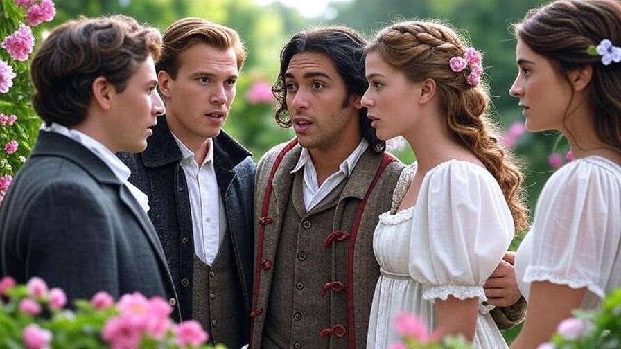 A scene from Twelfth Night with four characters in Renaissance attire