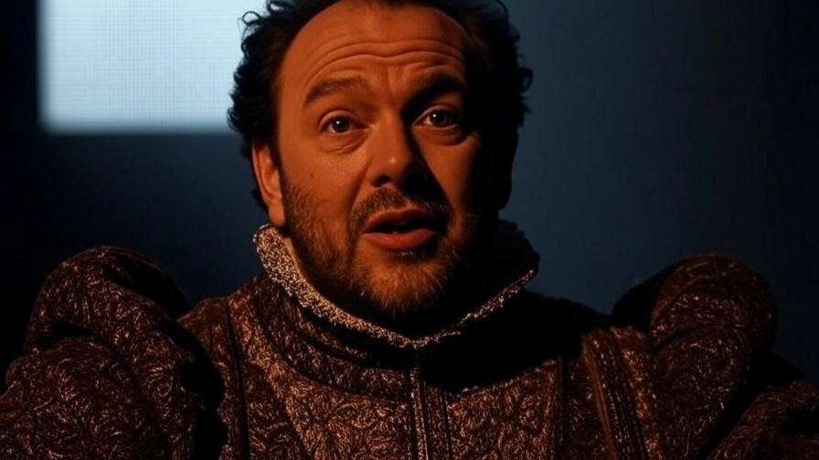 Dramatic close-up of an actor delivering a soliloquy on a minimalist stage with a digital glow background