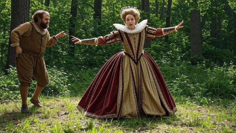 Actor in regal costume dancing volta beside a rustic character in a jig from A Midsummer Night's Dream