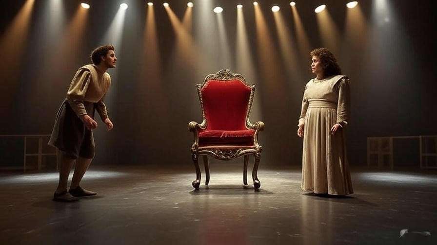 Small theater stage with a chair throne, actors in costumes, and red fabric under LED lighting