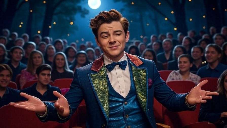 Actor as Puck winking at audience in a mystical forest theater setting
