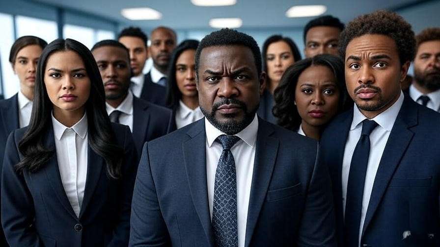 Modern corporate office scene with diverse cast in Othello reimagining.