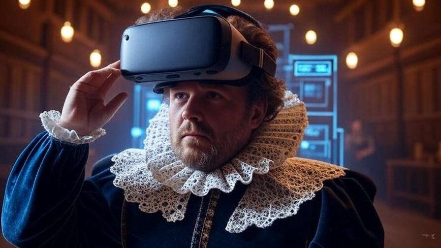 Elizabethan stage blended with VR interface and period costume character