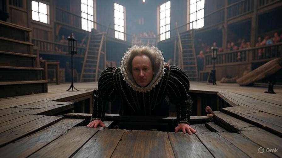 Elizabethan theater with actor emerging from trapdoor and elaborate props.