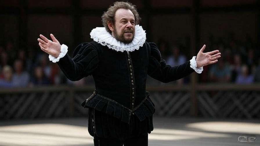 Elizabethan actor performing on Globe Theatre stage in 16th-century costume