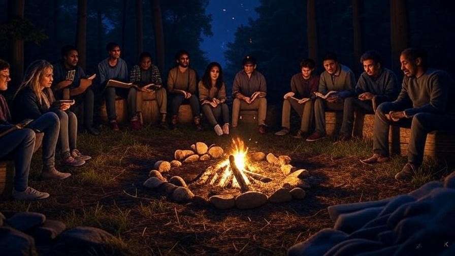 Cozy campfire scene with people discussing Queen of Nothing in an online book community