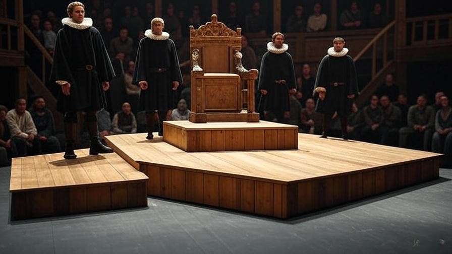 Minimalist Elizabethan stage with throne and actors in period costumes under natural light