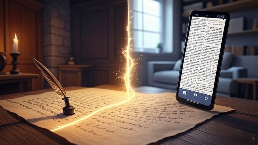 Illustration of quill pen and smartphone symbolizing evolution from Shakespeare's language to modern English translation.