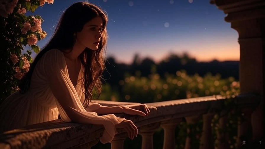 Romantic balcony scene from Act 2 of Romeo and Juliet in modern translation