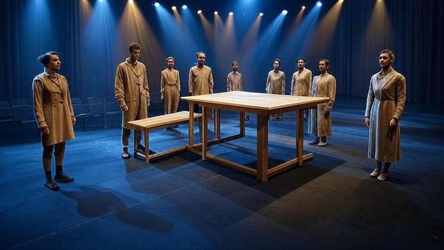 Modern theater set with multifunctional table and actors under dynamic lighting