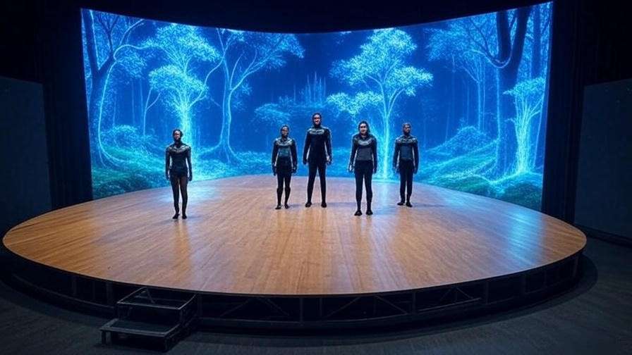 Futuristic theater stage with holographic forest and actors in modern costumes