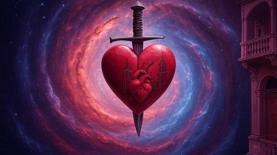 Symbolic heart and dagger under stars illustrating timeless themes in Romeo and Juliet.