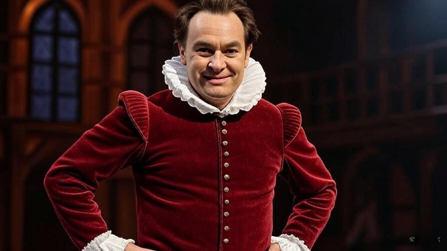 Confident Petruchio in Elizabethan costume on a theatrical stage from The Taming of the Shrew