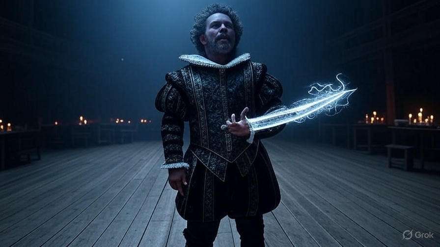 Actor holding a spectral dagger on an Elizabethan stage, enhancing dramatic effect in Macbeth