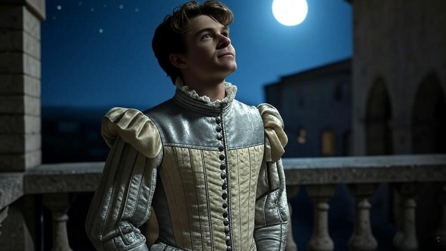 Romantic Romeo on a moonlit balcony in Verona from Romeo and Juliet
