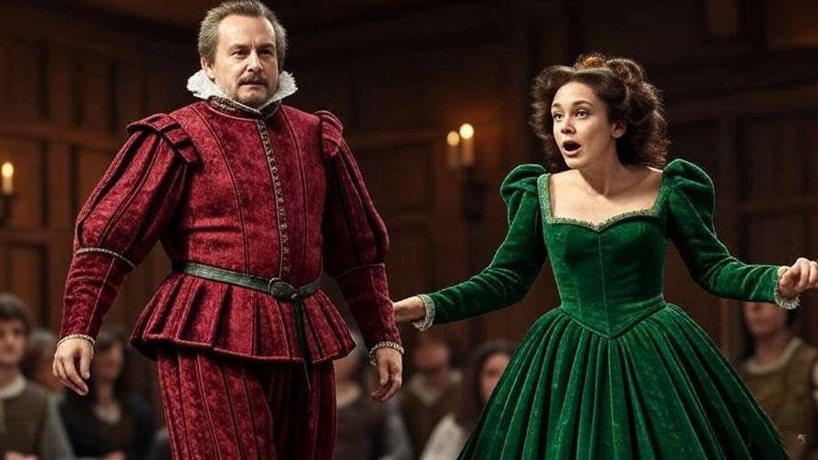 Petruchio exerting control over Katherina in a comedic Elizabethan stage scene