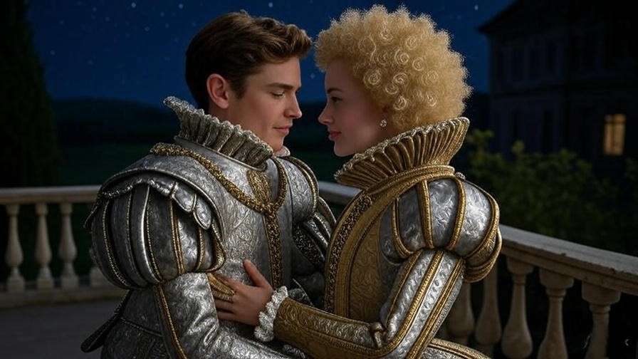 Romeo and Juliet embracing on a starry balcony in a tragic romantic scene"